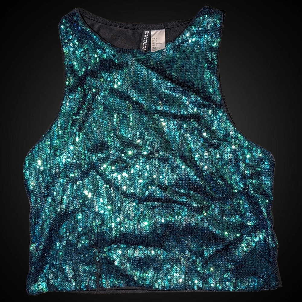 H&M Divided Teal sequin crop top.